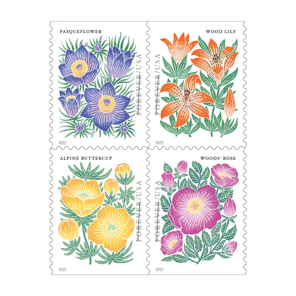 Mountain Flora Forever stamps showing four flower illustrations