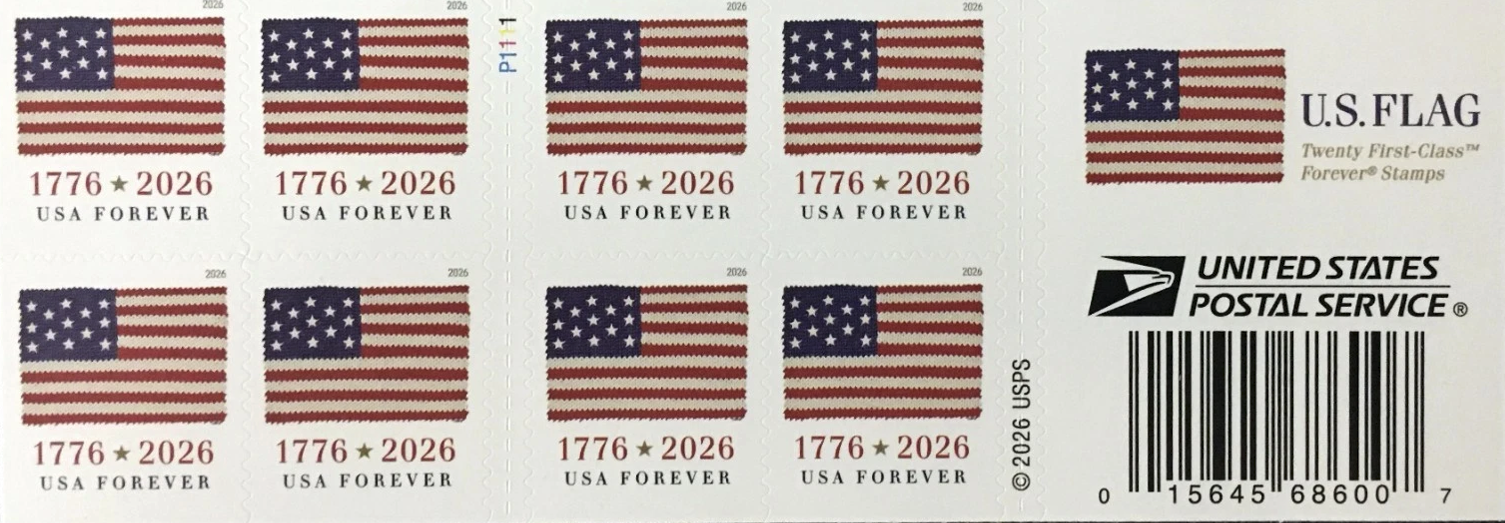 2026 U.S. Flag Forever Stamps – 100 Stamps (5 Booklets) 2026 U.S. Flag Forever stamp design