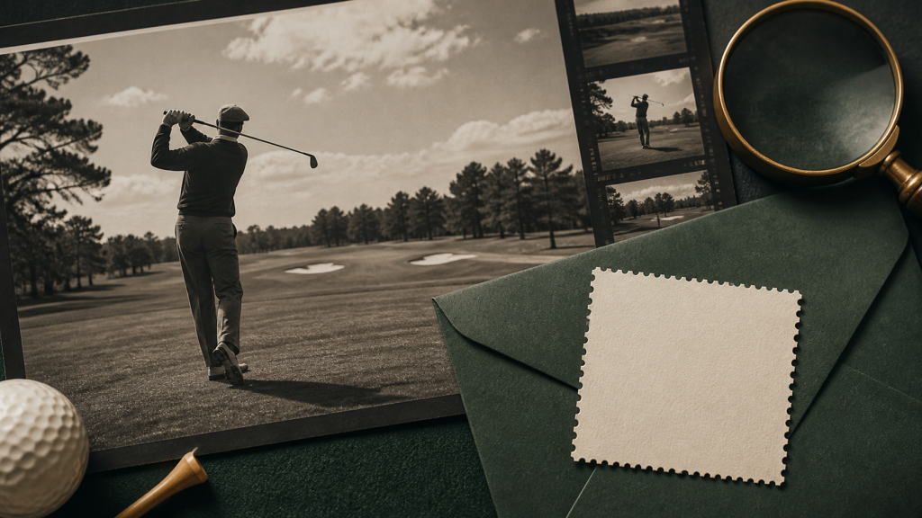 Historical golf scene beside an envelope and blank postage label