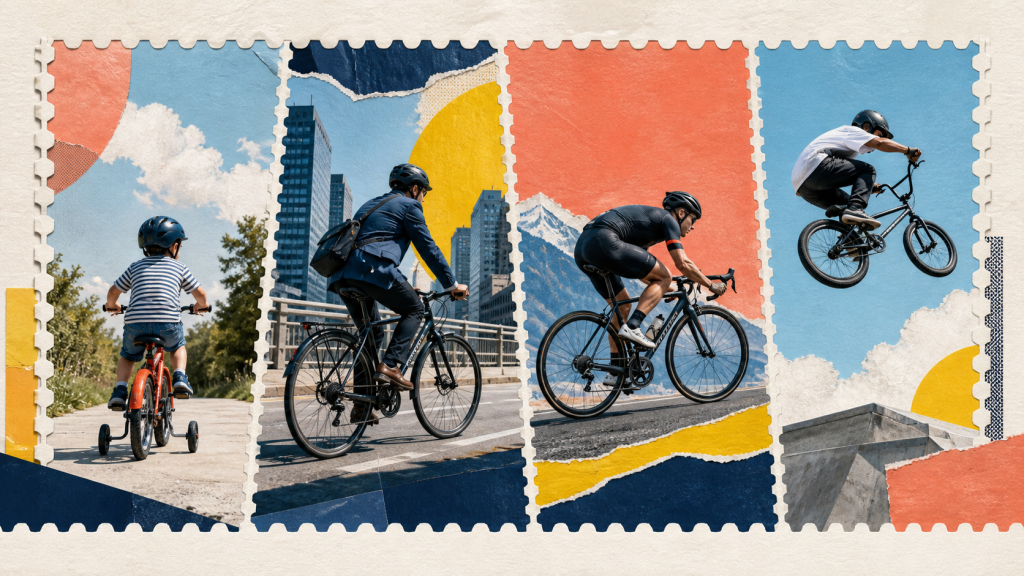 Four cycling scenes representing the 2012 Bicycling Forever stamp designs