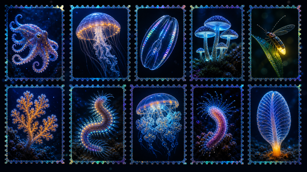 Ten bioluminescent organisms arranged as a luminous stamp-inspired scientific mosaic