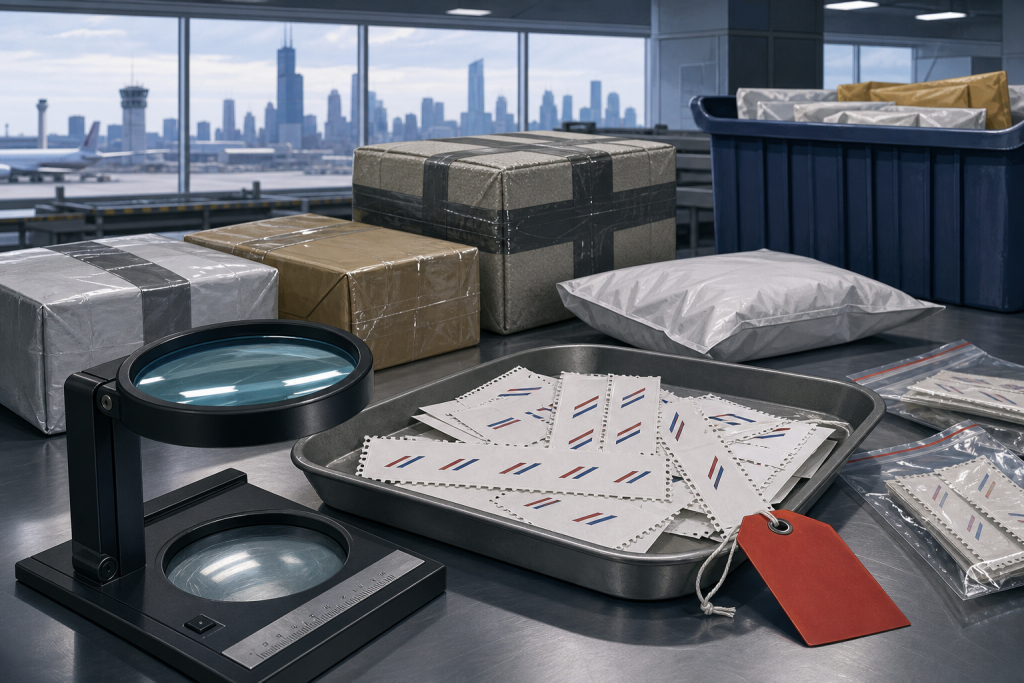 Illustration of counterfeit postage being inspected at a Chicago international mail facility