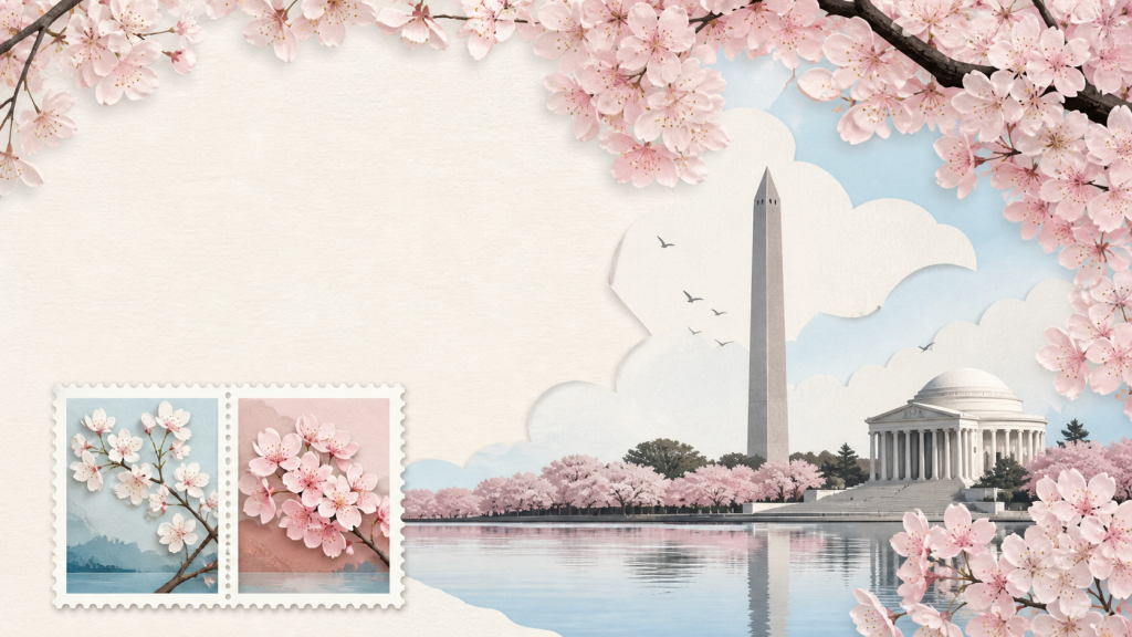 Cherry blossoms, Washington landmarks and a generic paired stamp illustration