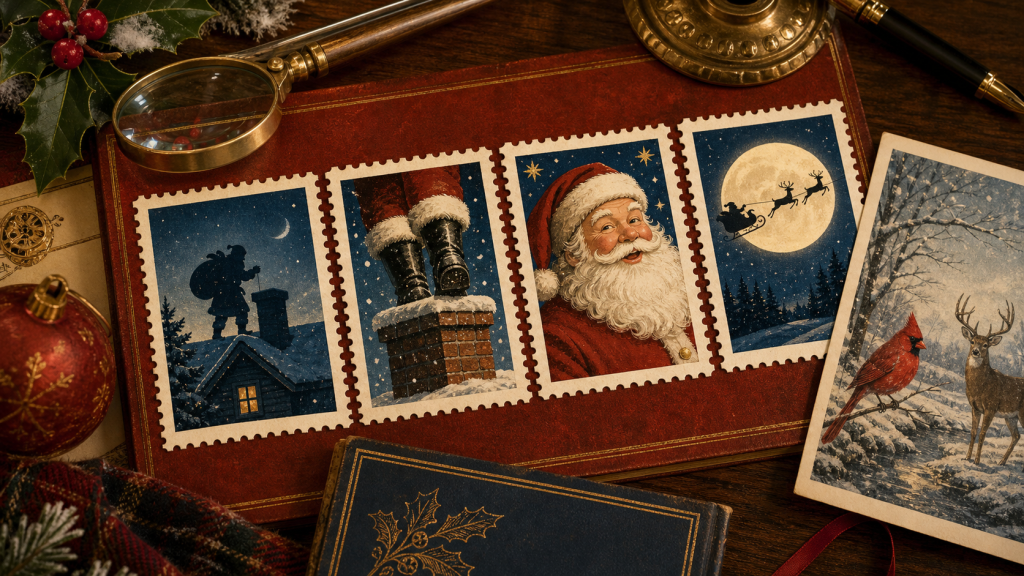 Editorial holiday stamp archive with four Santa story panels