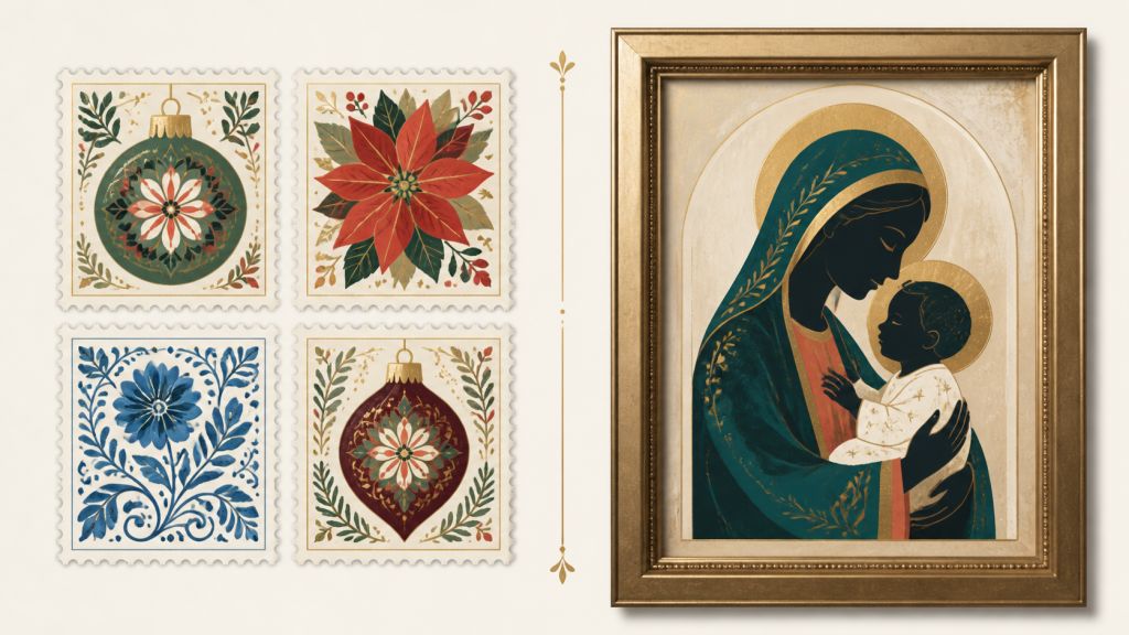 Comparison of colorful holiday motifs and a Madonna and Child art theme