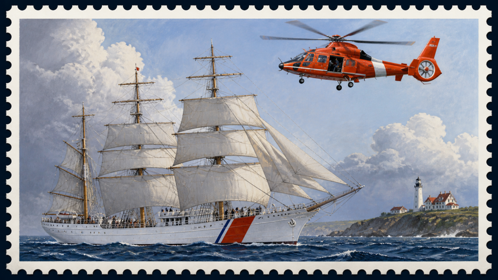Maritime illustration of a training cutter and rescue helicopter