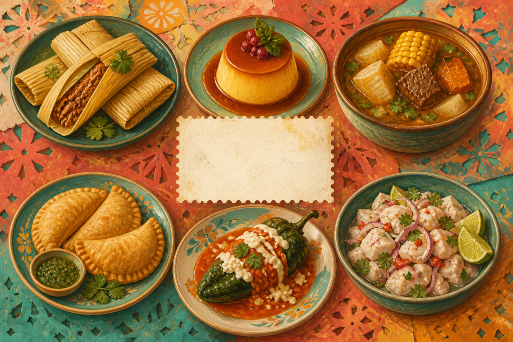 Illustrated arrangement of six foods represented by the 2017 Delicioso Forever stamp issue