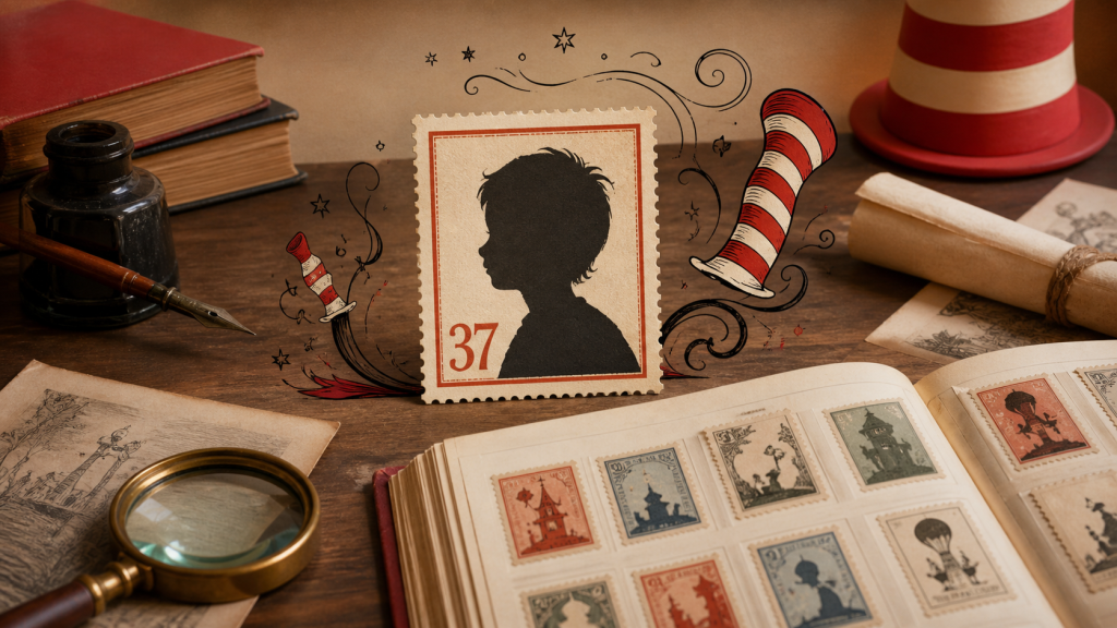 Vintage 37-cent author stamp concept in an archival stamp album setting