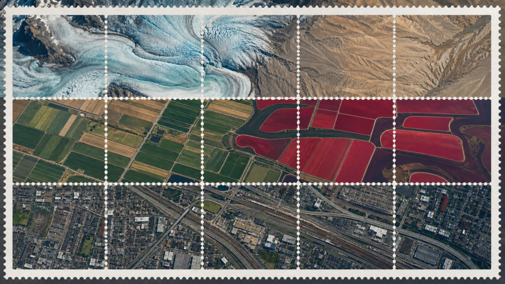 Aerial natural, agricultural and urban landscapes arranged in a 15-cell stamp sheet
