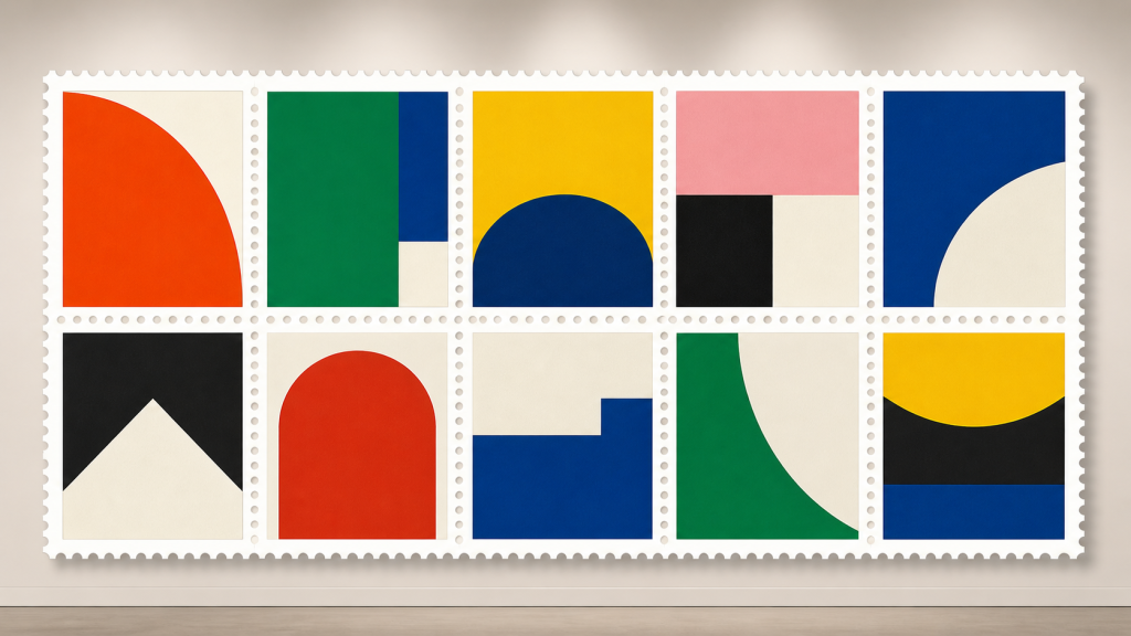 Ten original geometric color compositions arranged as a museum stamp sheet