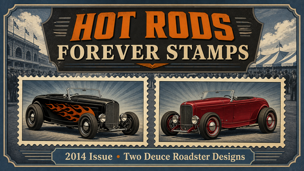 Hot Rods Forever stamps guide showing two 1932-style custom roadster designs
