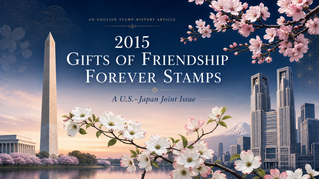 Cherry blossoms and dogwood flowers linking stylized Washington and Tokyo landmarks