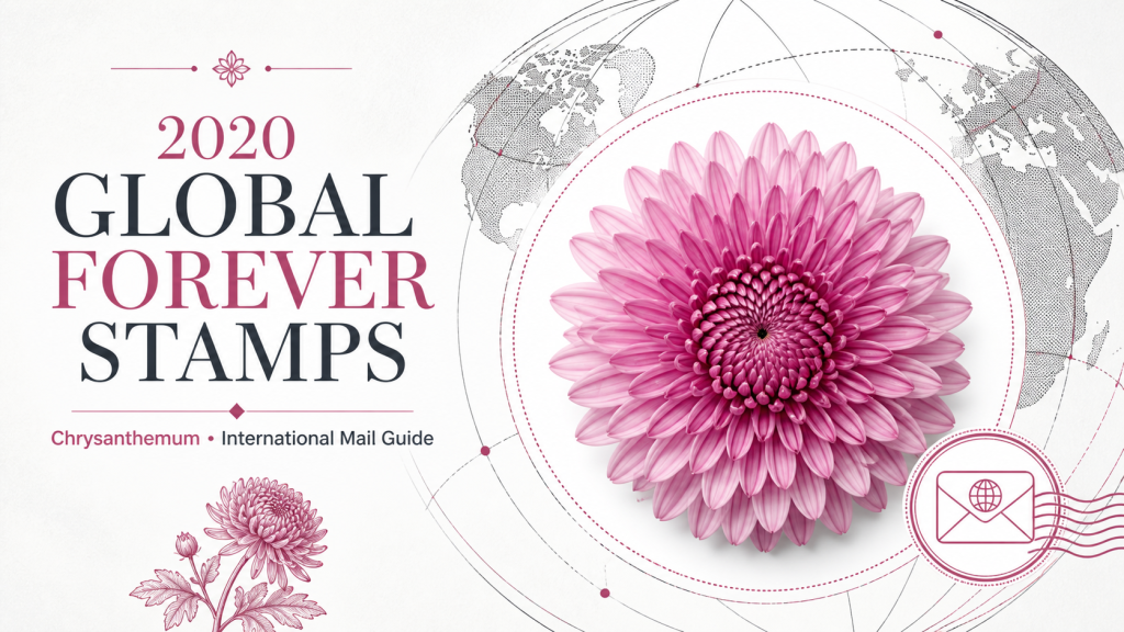 Pink chrysanthemum with globe and international mail motifs