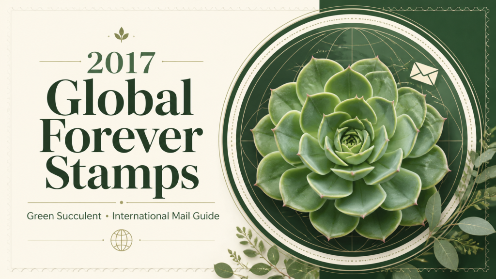 Green echeveria succulent with globe and international mail motifs