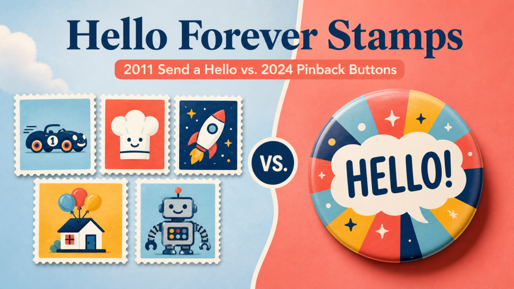Hello Forever stamps guide comparing 2011 Send a Hello and 2024 Pinback Buttons