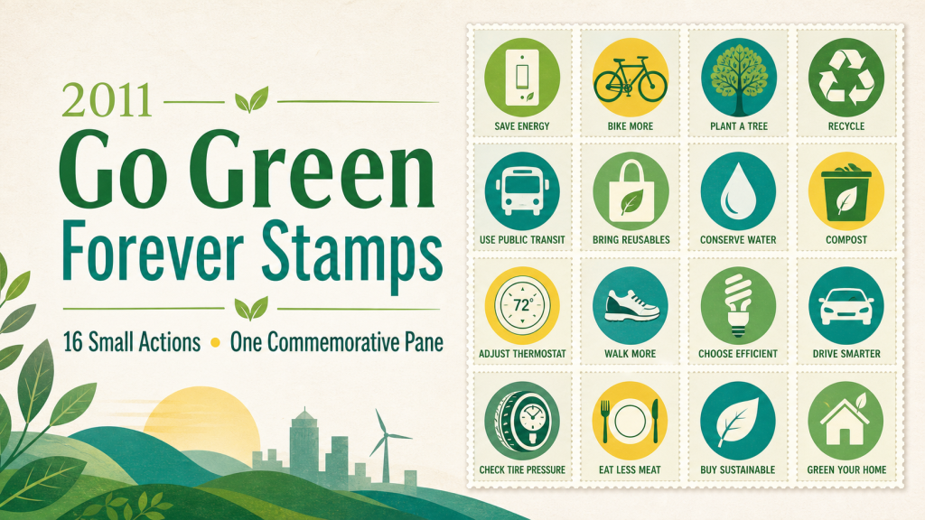 Grid of sixteen environmental action icons for the Go Green stamp guide