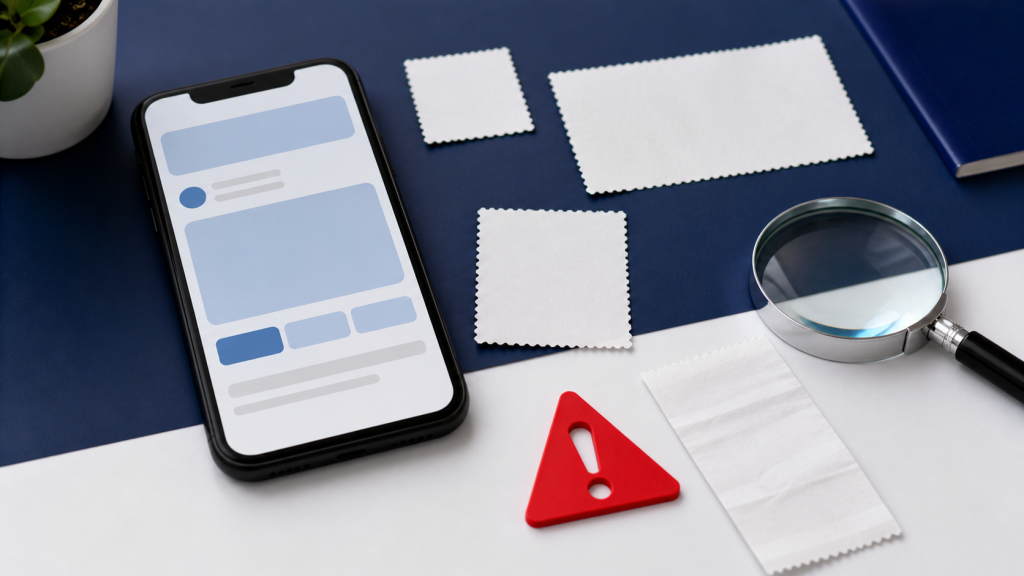 Generic social marketplace listing, blank postage labels, magnifier and warning symbol