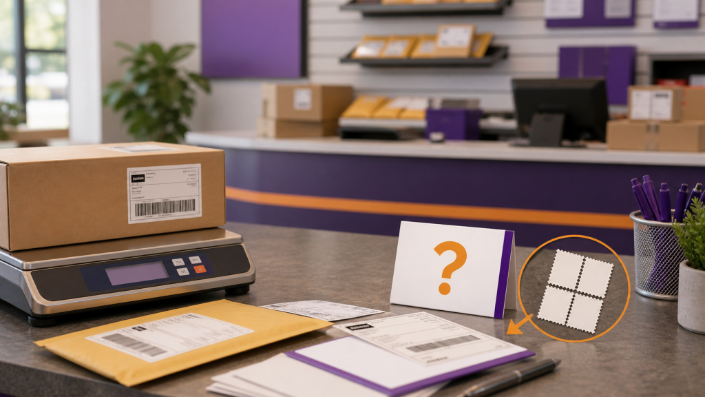 Shipping counter with parcel labels and a postage stamp question