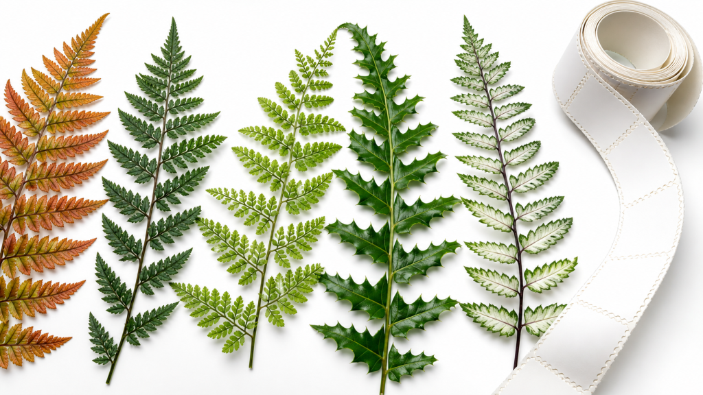 Five fern species beside a generic coil of blank perforated labels