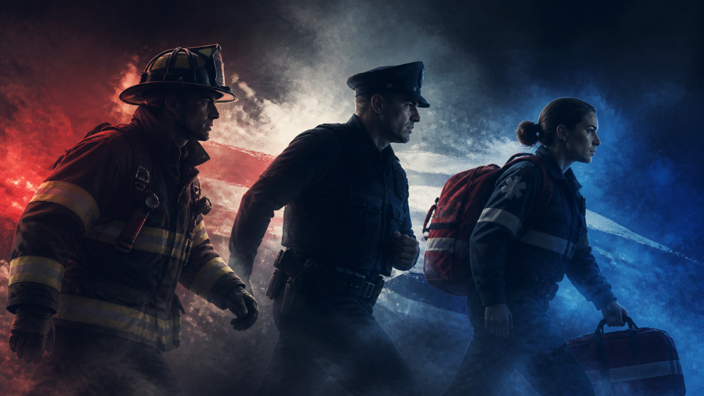 Firefighter, law enforcement officer and emergency medical responder moving into action