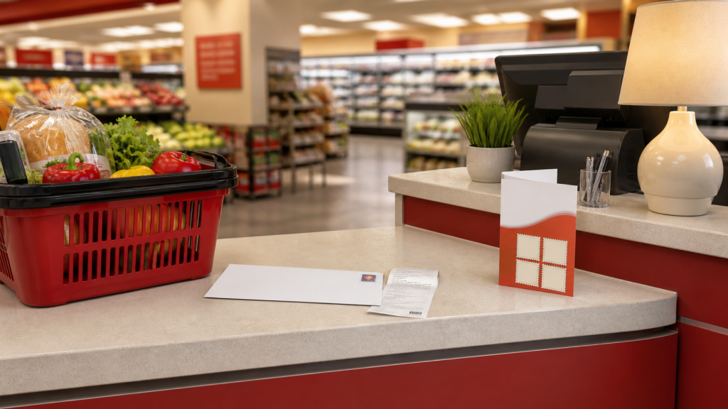 Postage booklet at a generic grocery store customer-service counter