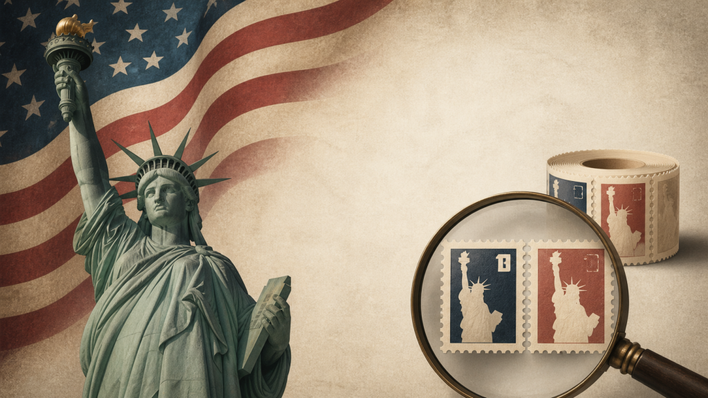 Editorial illustration for identifying Lady Liberty Forever and fixed-value stamp issues