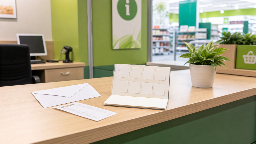 Postage booklet and envelope at a green supermarket service desk