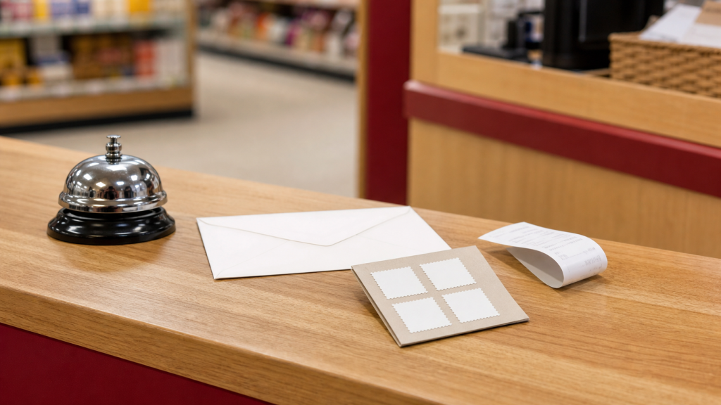 Envelope and postage booklet at a generic red grocery service counter