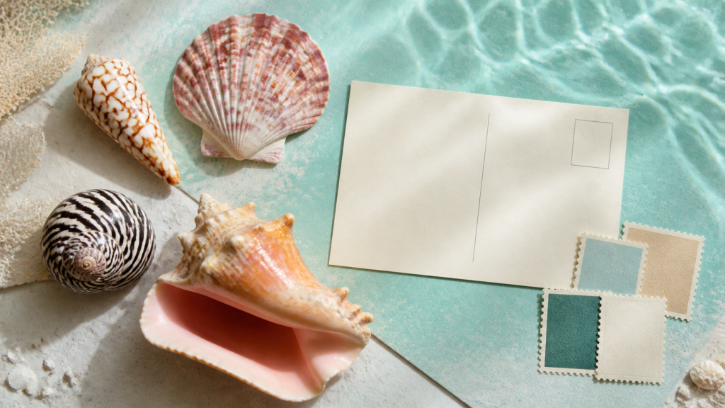 Four seashells beside a blank postcard and generic postage labels