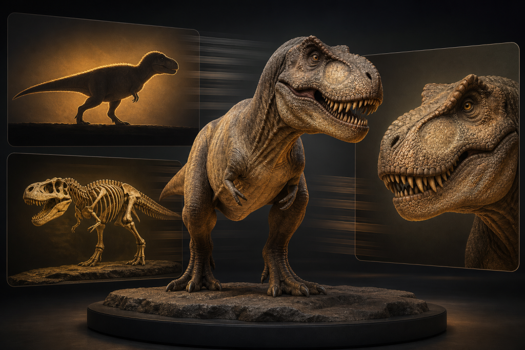 Museum-style illustration of Tyrannosaurus rex growth, skeleton and movement views
