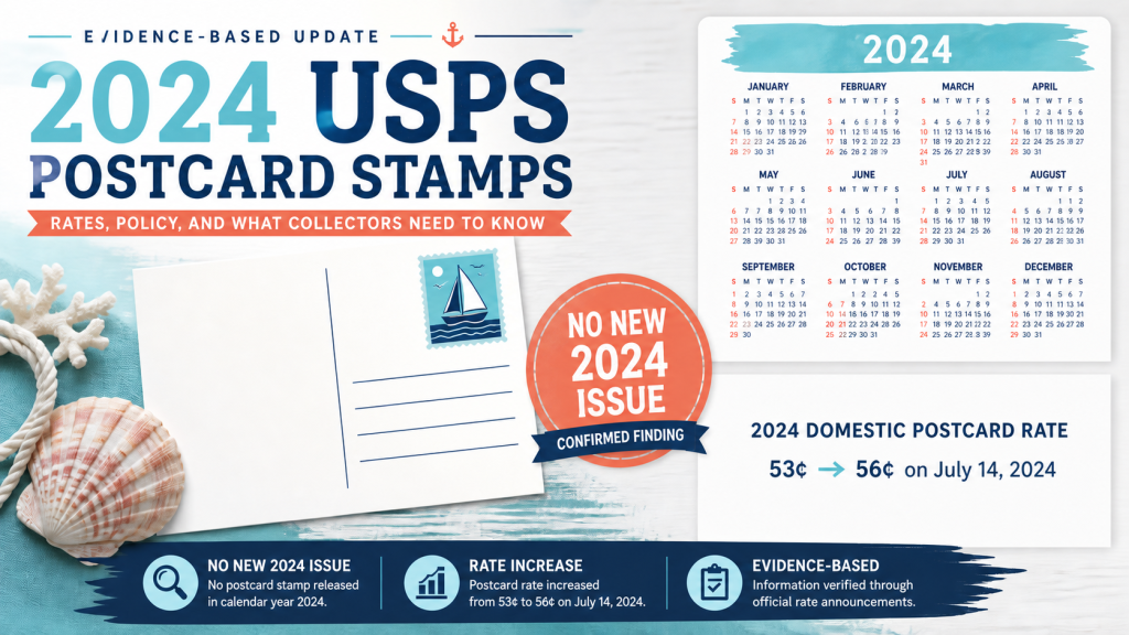 2024 postcard stamp evidence guide showing no new issue and the 53 to 56 cent rate change