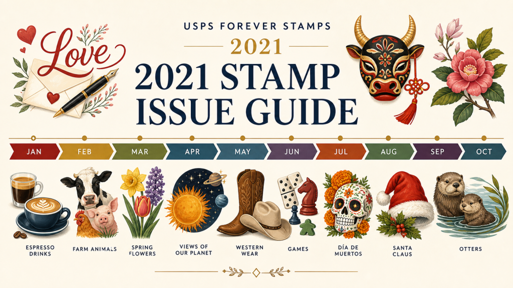 Editorial timeline cover for the 2021 USPS Forever stamp issue guide