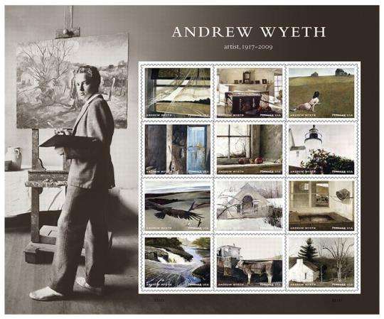 Andrew Wyeth Forever stamp pane with 12 paintings