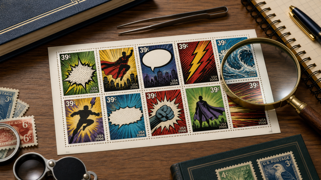A generic pane of 39-cent comic-style stamps on a collector desk