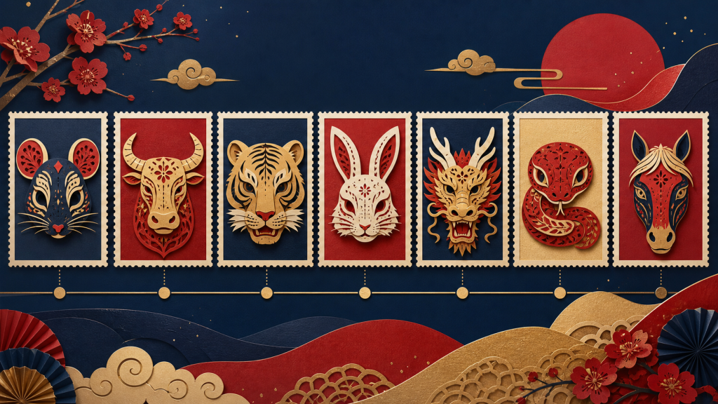 Paper-cut zodiac mask timeline from rat through horse