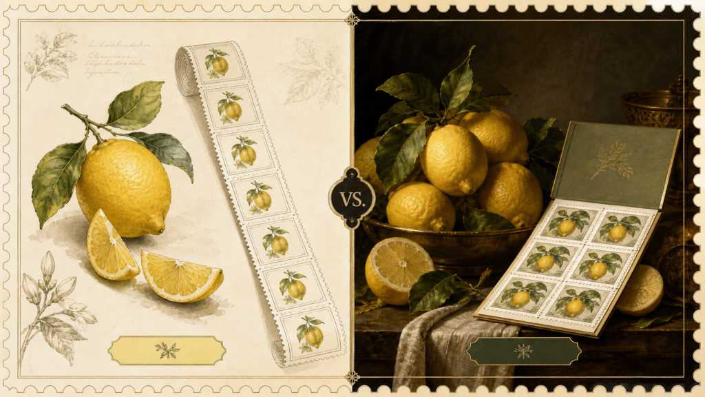 Comparison of a Meyer lemon coil stamp and a lemon still-life Forever stamp booklet