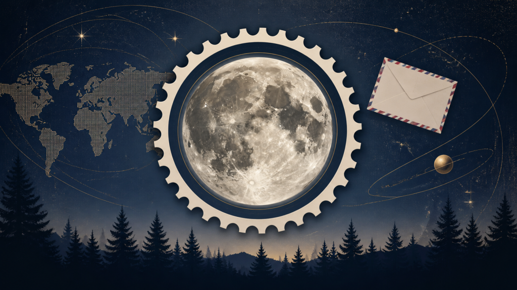 Full moon in a round stamp frame with an international envelope and world map