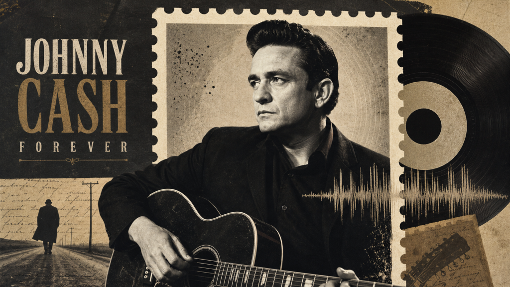 Vintage editorial collage of a country singer, guitar, record and postage frame