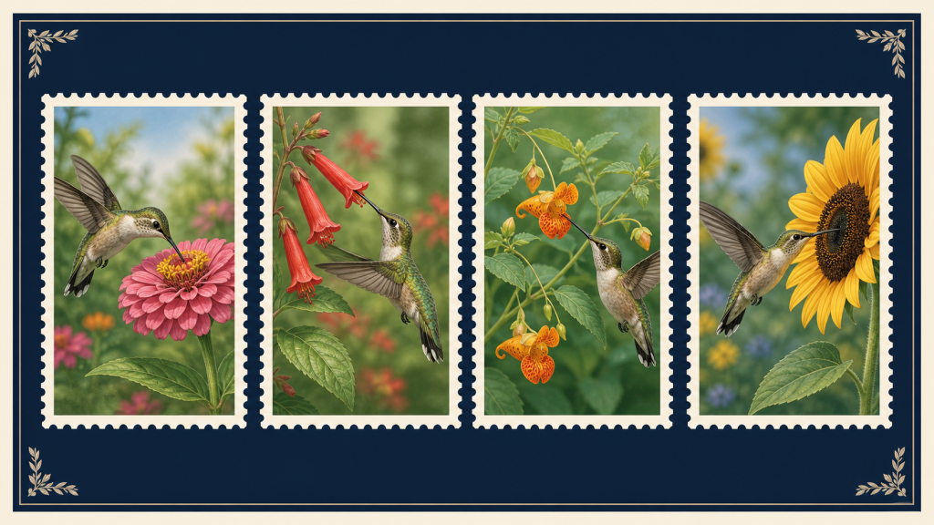 Four illustrated hummingbird and flower scenes with zinnia, cigar flower, touch-me-not and sunflower