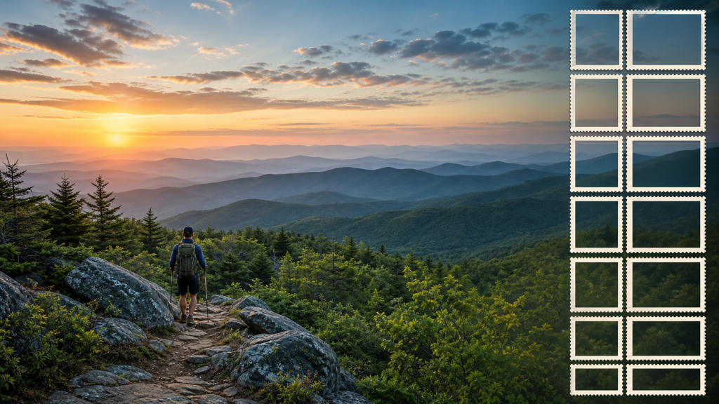 Sunrise over Appalachian mountain ridges with a hiker and an abstract 15-stamp pane
