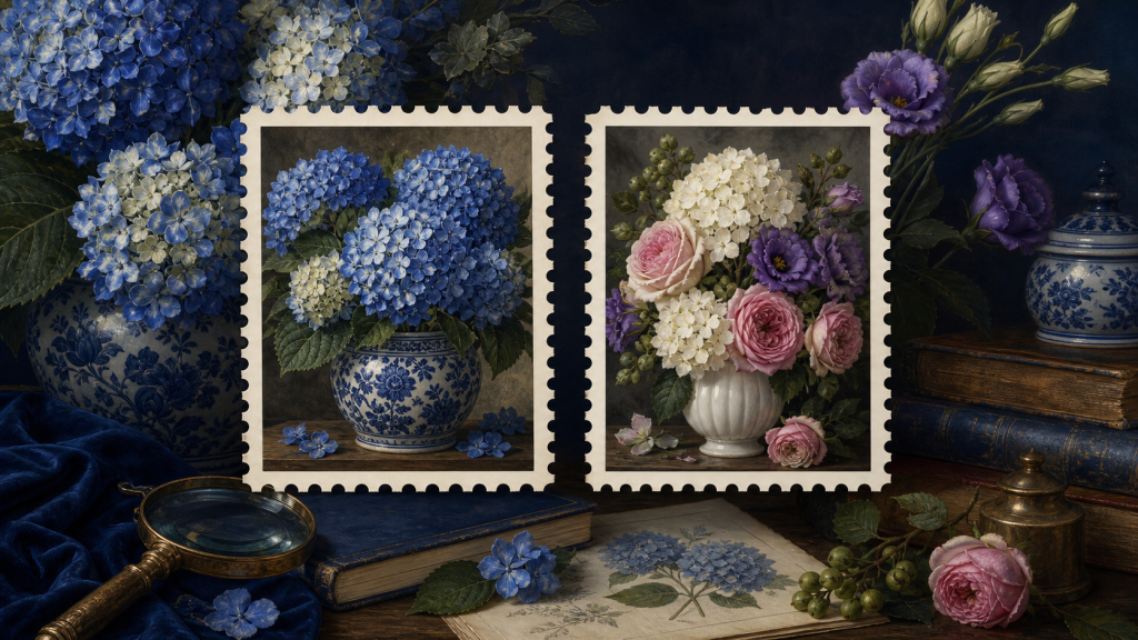 Blue hydrangeas and a mixed bouquet with white hydrangeas presented as two illustrated stamp vignettes