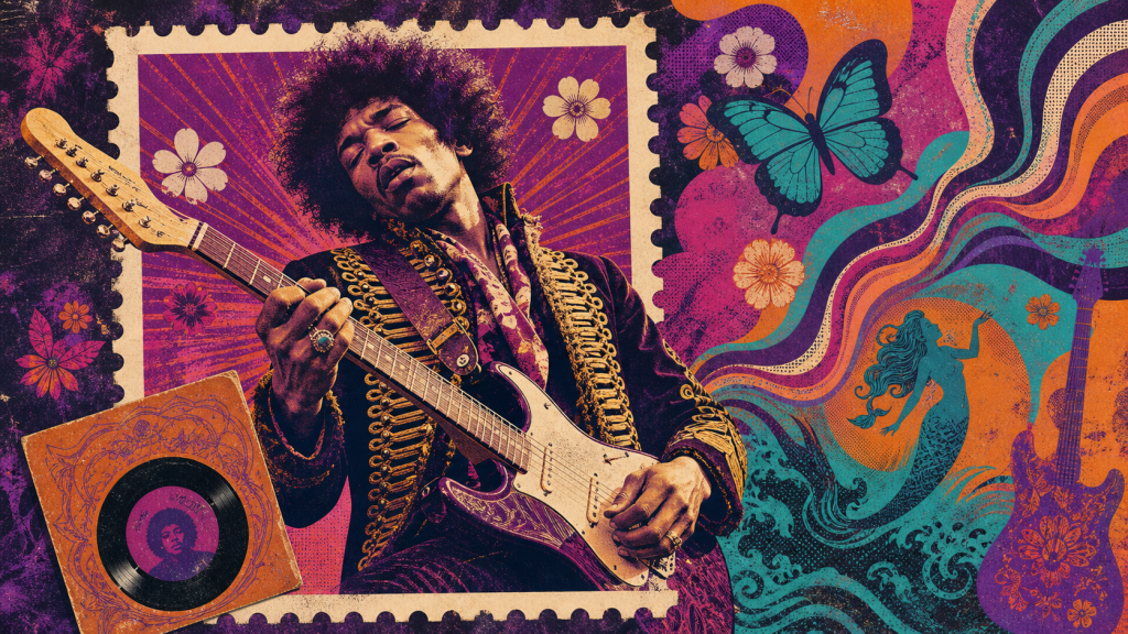 Psychedelic editorial illustration of a left-handed guitarist, butterfly and postage frame