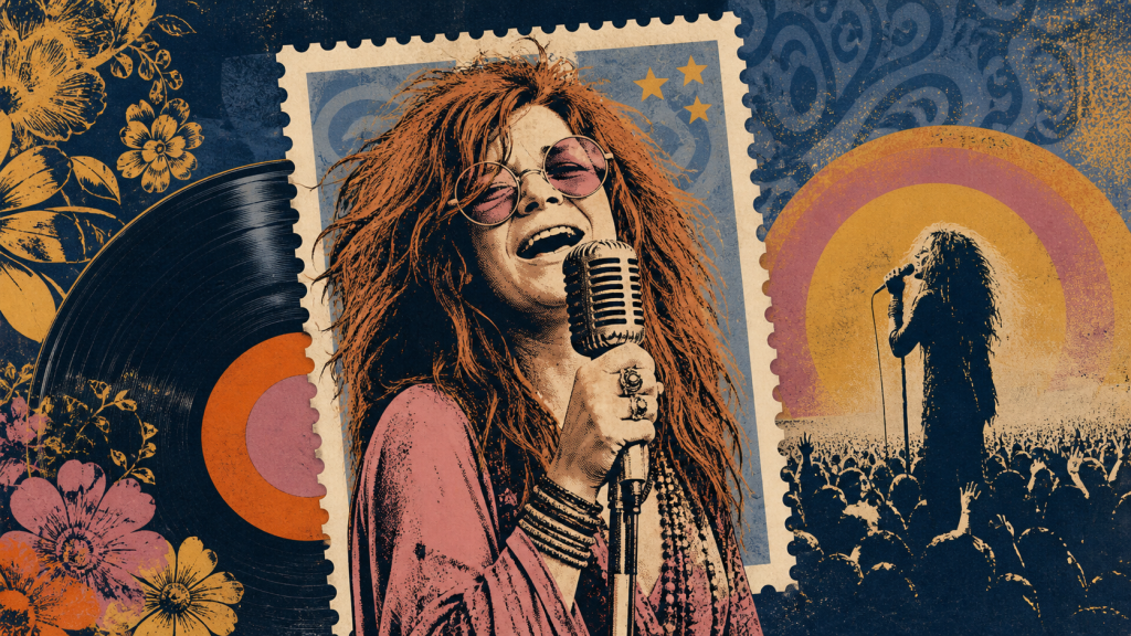Editorial illustration of a 1960s rock singer, vinyl record and postage frame