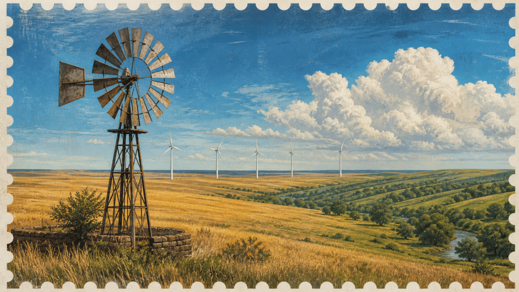 Kansas landscape with historic windmill, modern turbines, plains and green hills