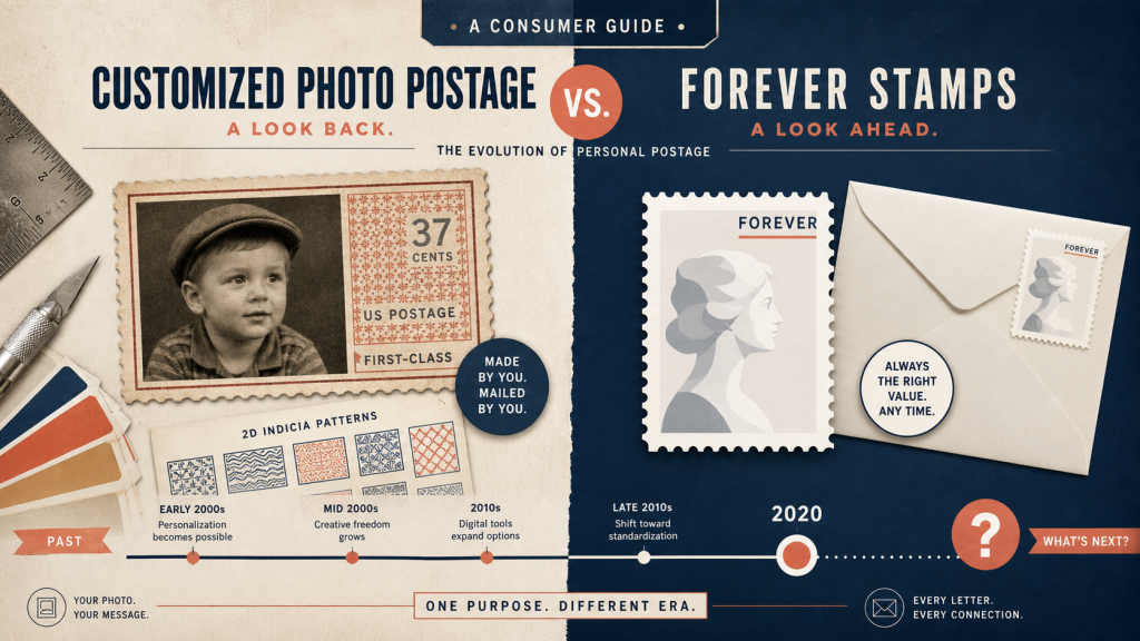 Comparison of historic customized photo postage and modern Forever stamps